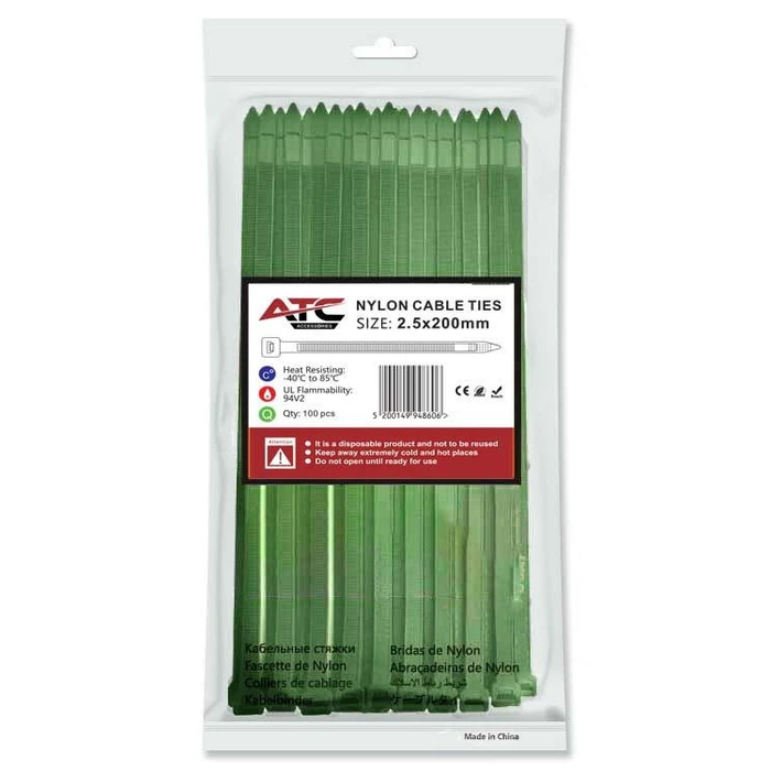 ATC Nylon Cable Ties 2.5x200mm Green 100pcs Bag