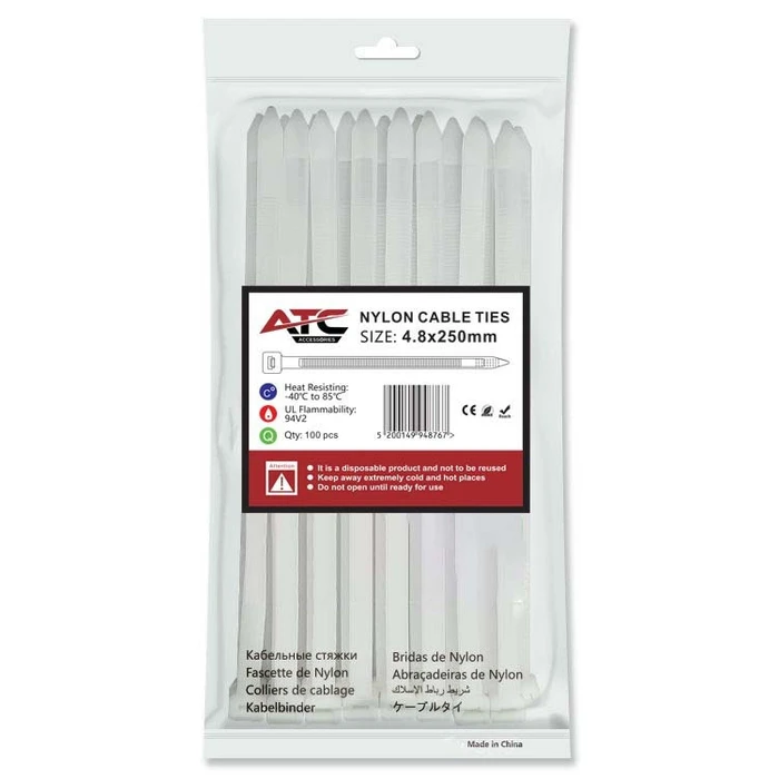ATC Cable Ties 4.8x250mm Nylon White 100pcs (bag)