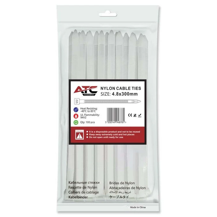 ATC Cable Ties 4.8x300mm Nylon White - 100 pcs Bag