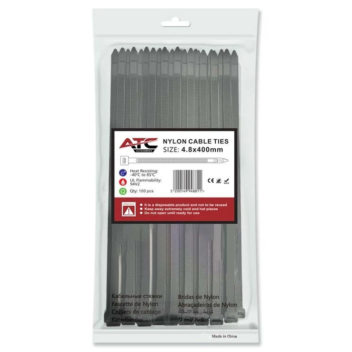 ATC Nylon Cable Ties 4.8 x 400 mm, Black, 100 pcs (Bag)