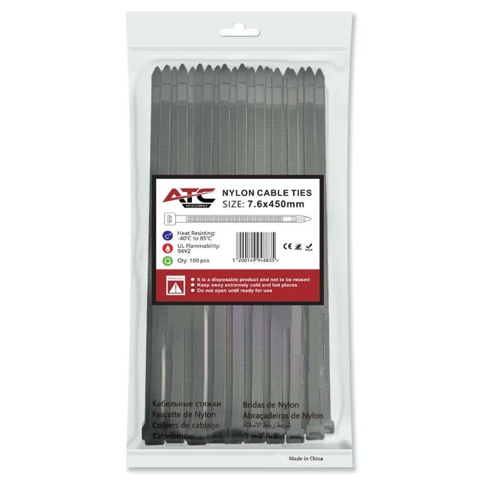 ATC Cable Ties 7.6 x 450 mm Nylon Black 100 pcs Bag