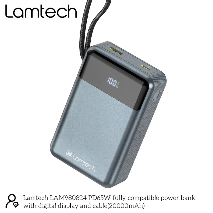 Power Bank LAMTECH PD65W 20000mAh with Built-in Type-C and Lightning Cables QC3.0
