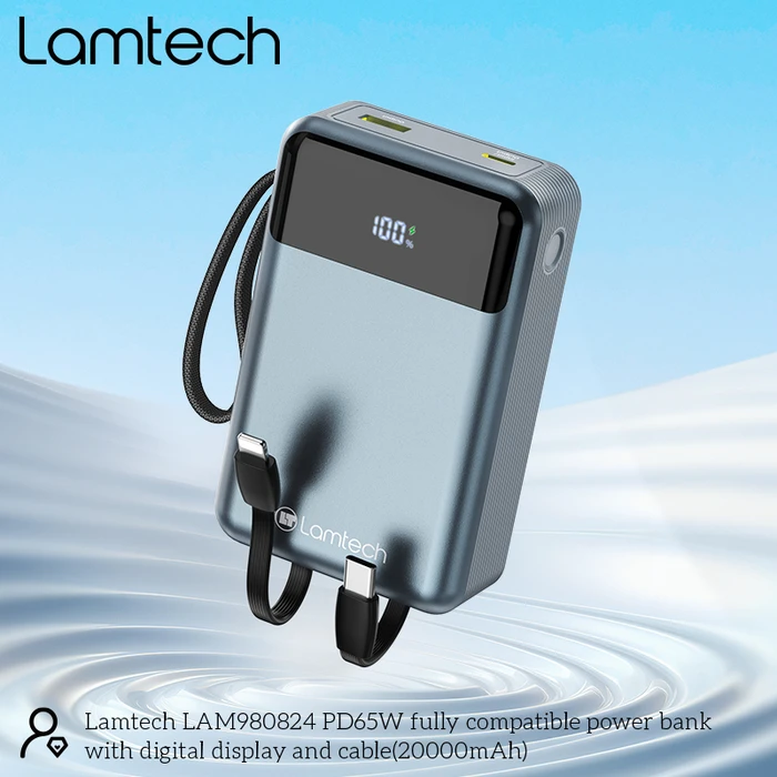 Power Bank LAMTECH PD65W 20000mAh with Built-in Type-C and Lightning Cables QC3.0