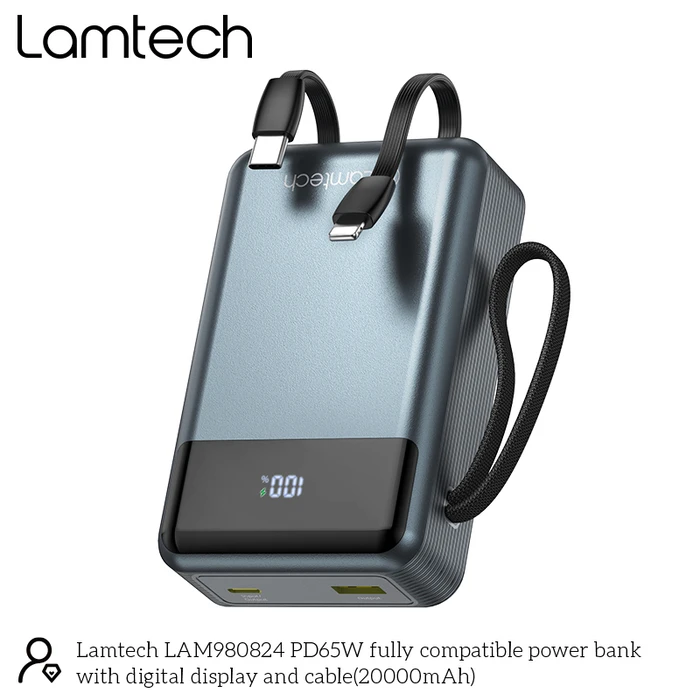 Power Bank LAMTECH PD65W 20000mAh with Built-in Type-C and Lightning Cables QC3.0