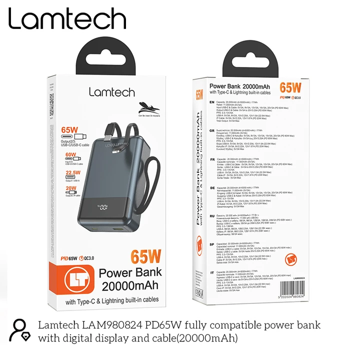 Power Bank LAMTECH PD65W 20000mAh with Built-in Type-C and Lightning Cables QC3.0