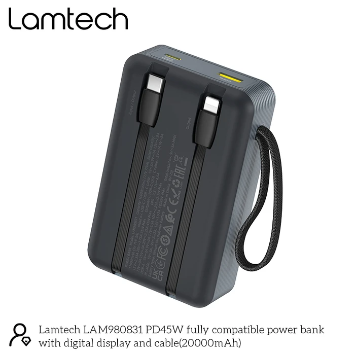 LAMTECH Power Bank 20000mAh with Built in Type C and Lightning Cables PD45W QC3.0