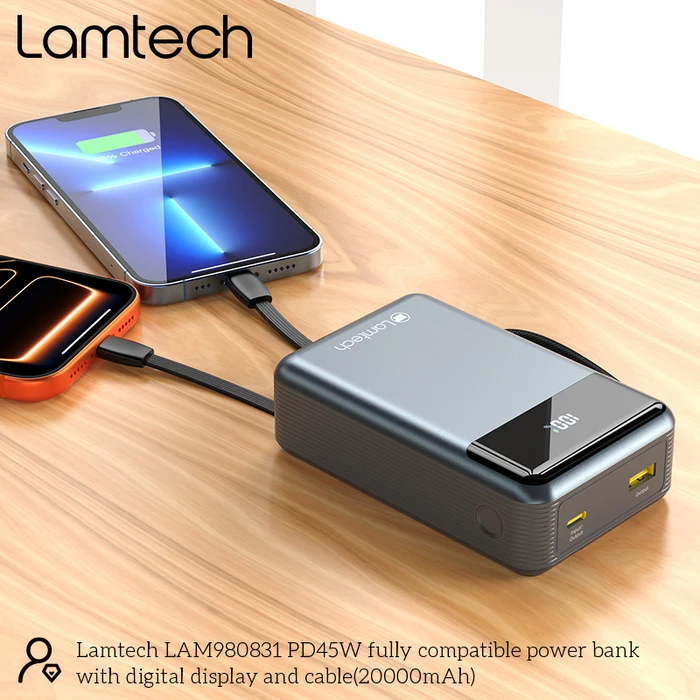 LAMTECH Power Bank 20000mAh with Built in Type C and Lightning Cables PD45W QC3.0