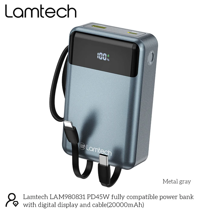LAMTECH Power Bank 20000mAh with Built in Type C and Lightning Cables PD45W QC3.0