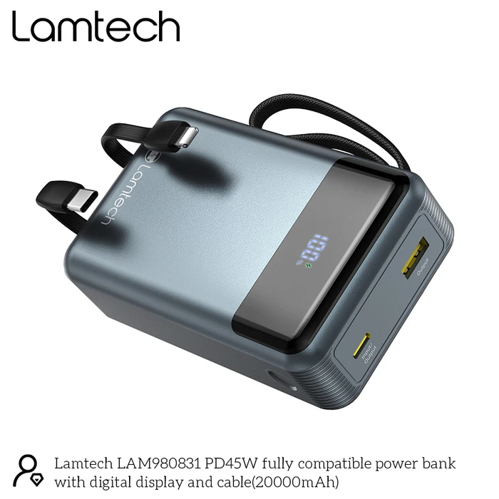 LAMTECH Power Bank 20000mAh with Built in Type C and Lightning Cables PD45W QC3.0