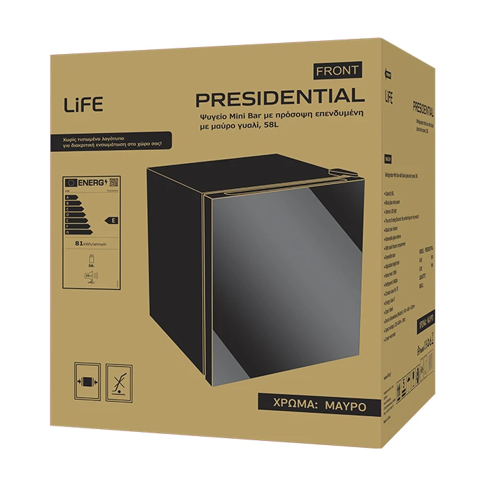 LiFE Mini Bar Refrigerator PRESIDENTIAL 58L Black Glass Front