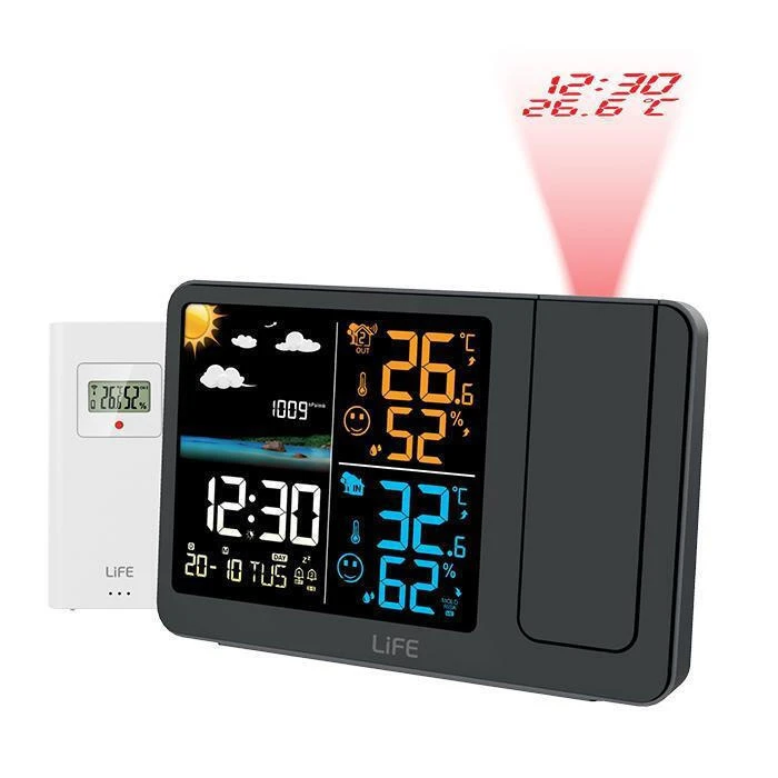 LiFE Μετεωρολογικός σταθμός με ρολόι ξυπνητήρι projector ώρας και θερμοκρασίας και ασύρματο εξωτερικό αισθητήρα