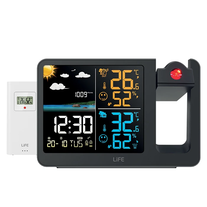 LiFE Μετεωρολογικός σταθμός με ρολόι ξυπνητήρι projector ώρας και θερμοκρασίας και ασύρματο εξωτερικό αισθητήρα
