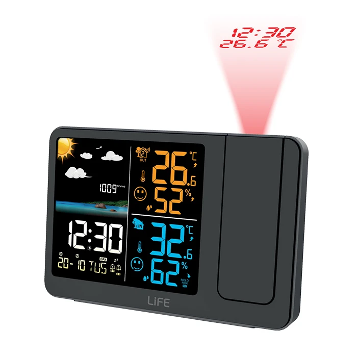 LiFE Μετεωρολογικός σταθμός με ρολόι ξυπνητήρι projector ώρας και θερμοκρασίας και ασύρματο εξωτερικό αισθητήρα