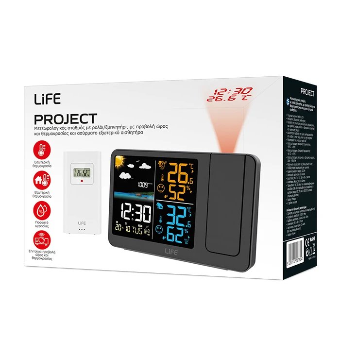 LiFE Μετεωρολογικός σταθμός με ρολόι ξυπνητήρι projector ώρας και θερμοκρασίας και ασύρματο εξωτερικό αισθητήρα
