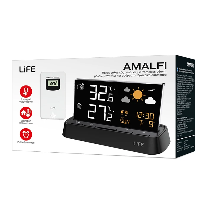 LiFE Μετεωρολογικός σταθμός AMALFI frameless οθόνη ρολόι ξυπνητήρι ασύρματο εξωτερικό αισθητήρα