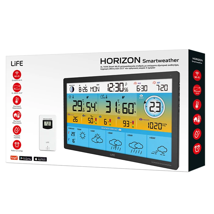 LiFE HORIZON Smartweather TUYA XL TUYA Smart Wi-Fi μετεωρολογικός σταθμός με ασύρματο εξωτερικό αισθητήρα, έγχρωμη οθόνη LCD 15.5" και πρόγνωση καιρού 5 ημερών