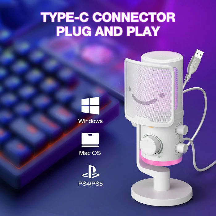 Fifine AM6W Δυναμικό USB Μικρόφωνο για Φωνητικά με RGB - Λευκό