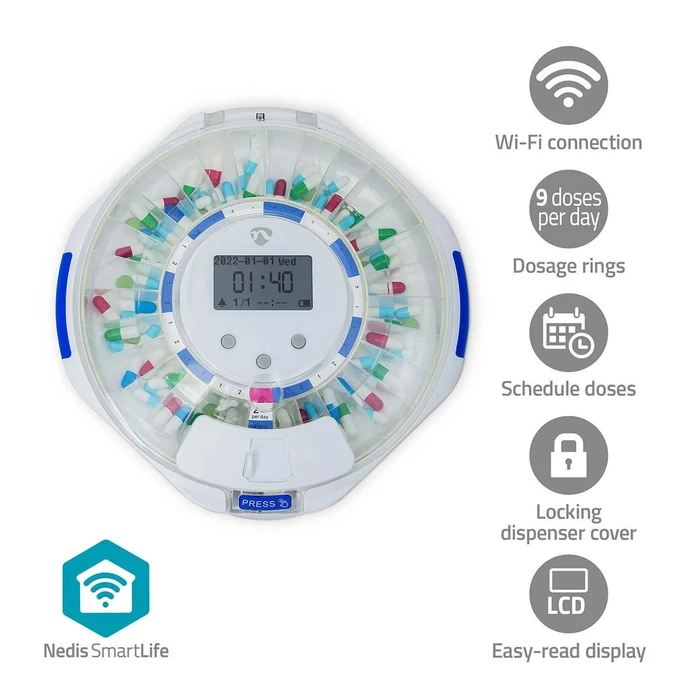 Nedis Wi‑Fi Pill Dispenser 28 Compartments LCD Screen - White
