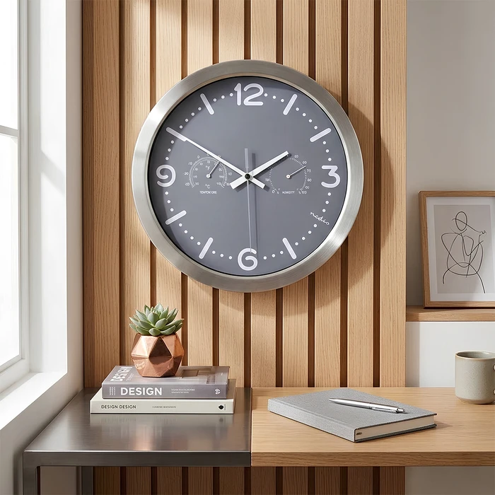 NEDIS Ρολόι τοίχου αθόρυβο με ενσωματωμένο θερμόμετρο και υγρόμετρο σε γκρι χρώμα