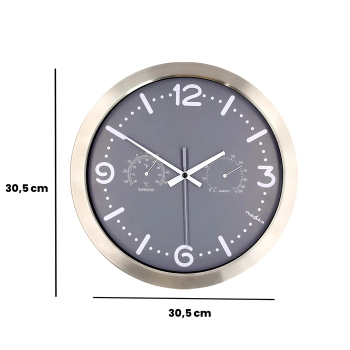 NEDIS Ρολόι τοίχου αθόρυβο με ενσωματωμένο θερμόμετρο και υγρόμετρο σε γκρι χρώμα