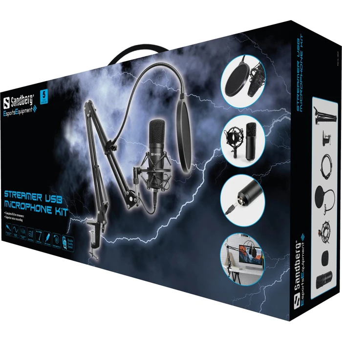 Sandberg Streamer USB Microphone Kit Σετ Πυκνωτικό Μικρόφωνο USB Shock Mounted για Studio