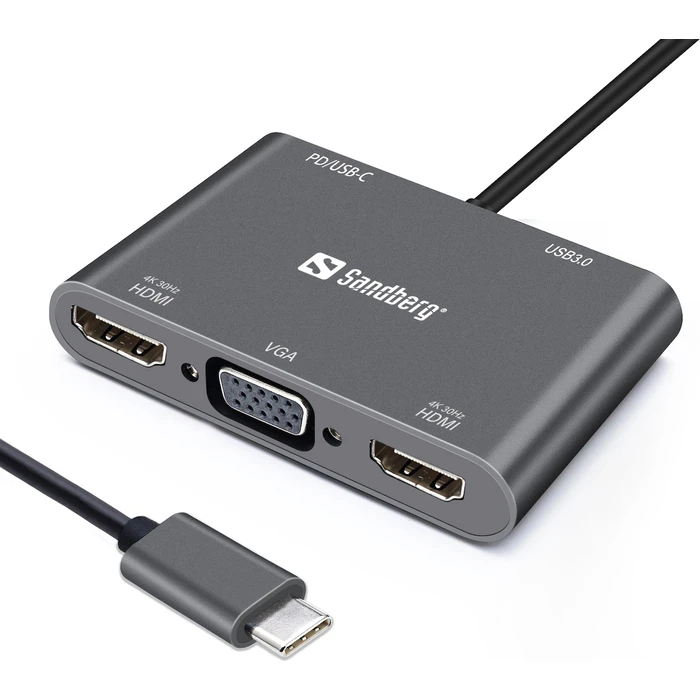 Sandberg Adapters USB C Docking Station with HDMI 4K PD and 2 Screen Connection Black