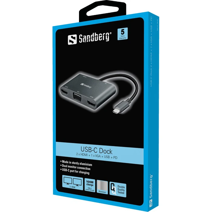 Sandberg Adapters USB C Docking Station with HDMI 4K PD and 2 Screen Connection Black