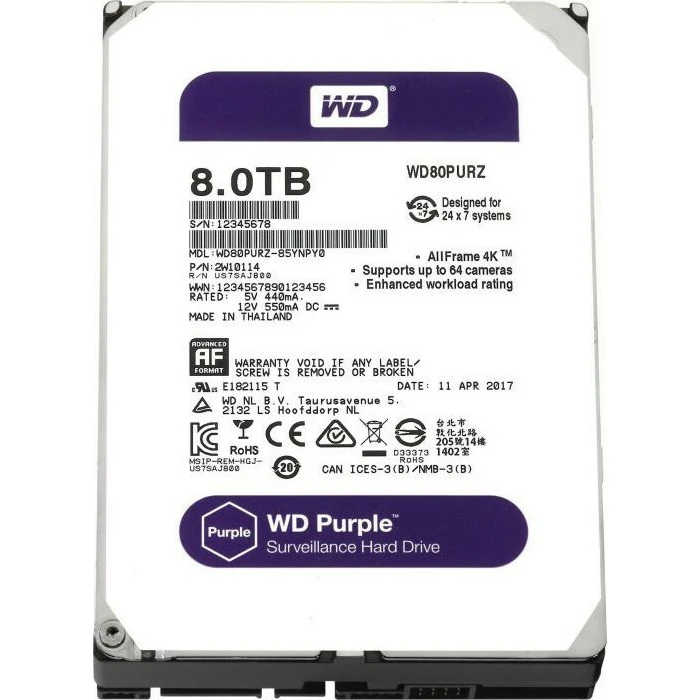 Western Digital Purple 8TB Σκληρός Δίσκος 3.5" SATA III 7200rpm 256MB Cache (WD82PURZ)