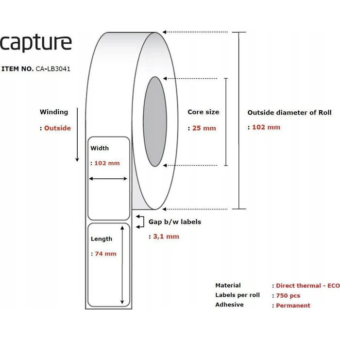 Capture 750 Αυτοκόλλητες Ετικέτες σε Ρολό 102x74mm 12τμχ