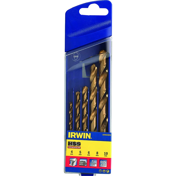 Irwin 5-piece Titanium Coated HSS Drill Bit Set with Cylindrical Shank for Metal (4, 5, 6, 8, 10 mm) - 10502604