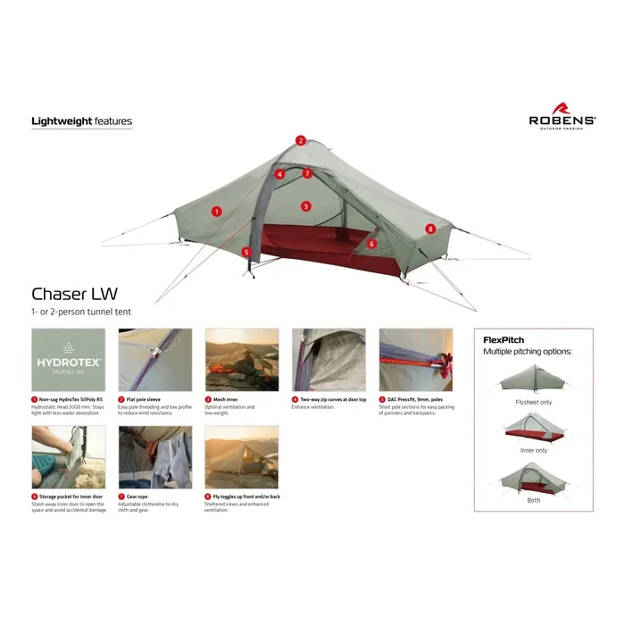 Robens Chaser 2 LW Tunnel Tent - White - 3-Season - 2-Person - Waterproof 2000 mm - 225x165x95 cm - Model 130436