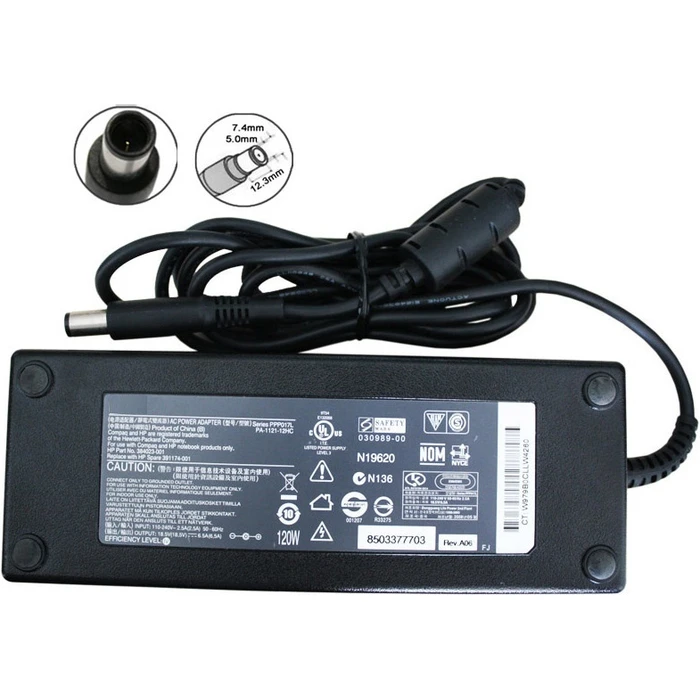 HP Laptop Charger 120W (18.5V, 6.5A) with Detachable Power Cord - MPN 693709-001