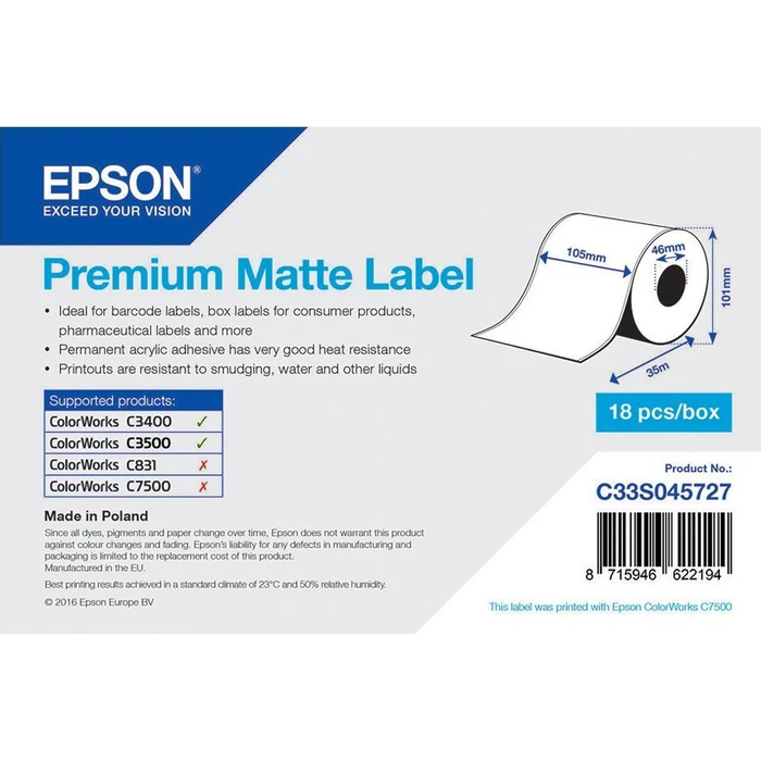 Epson Premium Matte Label Tape 35m x 105mm White - C33S045727