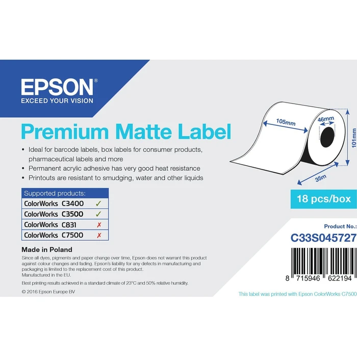 Epson Premium Matte Label Tape 35m x 105mm White - C33S045727