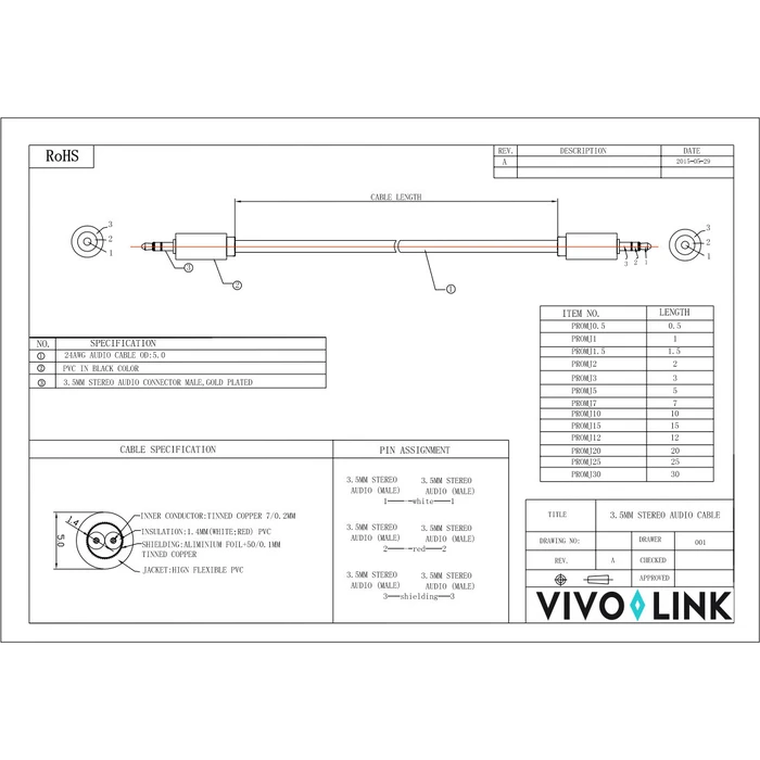 Vivolink 3.5mm Male to 3.5mm Male Cable Black 25cm (PROMJ25)
