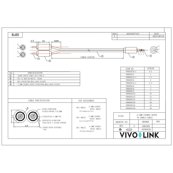 Vivolink 3.5mm Male to 2x RCA Male Cable 30 cm Black (PROMJRCA30)