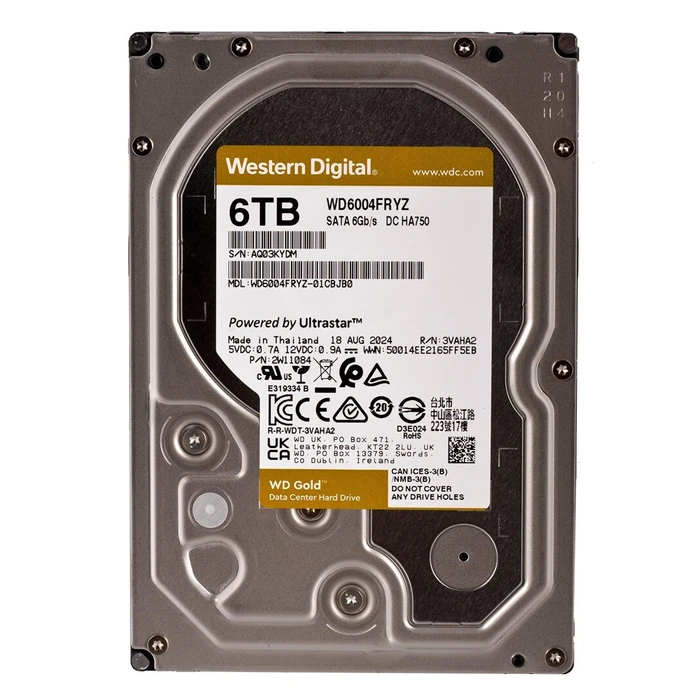 Western Digital Gold 6TB Internal HDD 3.5" SATA III 7200 RPM 256MB Cache for NAS/Server WD6004FRYZ