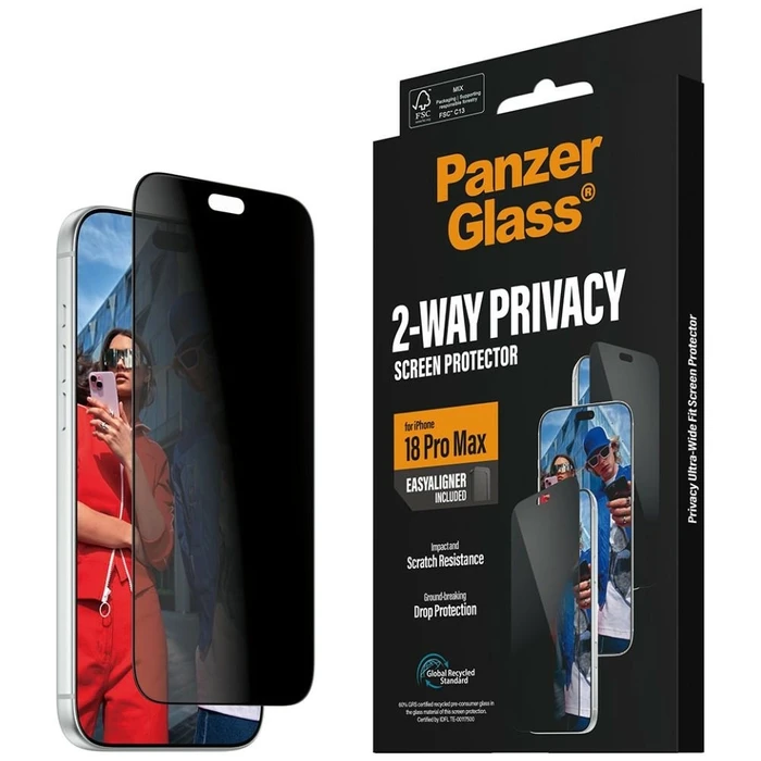 PanzerGlass 2‑Way Privacy Screen Protector for Apple iPhone 18 Pro Max (Ultra‑Wide Fit) with EasyAligner