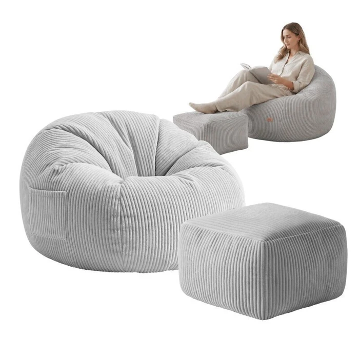 Mark Adler Comfy 3.0 Grey - Corduroy Comfy Armchair with Pouffe
