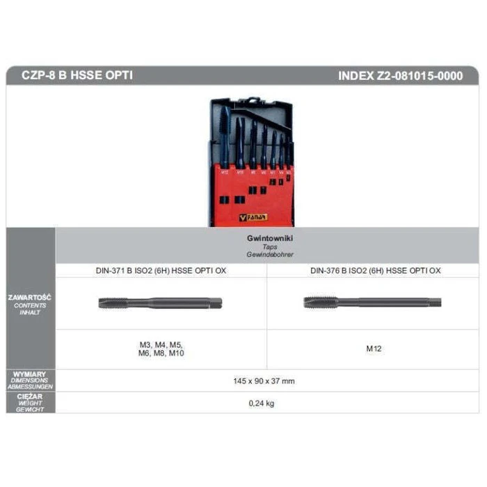 Σετ ταπών σπειρώματος M3–M12 HSS‑E Czp‑8 Opti (DIN 371B / DIN 376B), 6H
