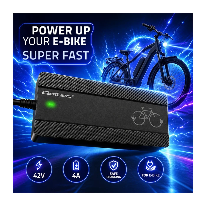 Qoltec Fast Charger for Electric Bicycles & Scooters 36V / 42V 4A (Bosch Plug) with Power Cable