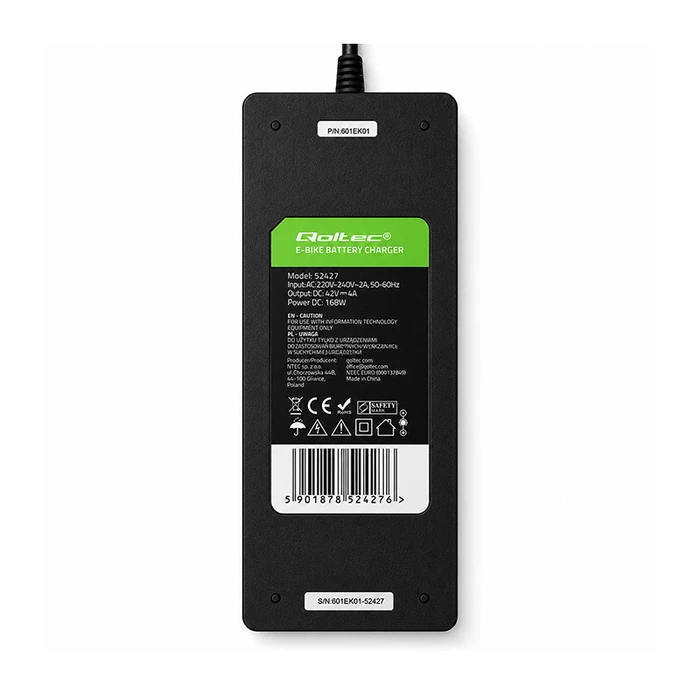 Qoltec Fast Charger for Electric Bicycles & Scooters 36V / 42V 4A (Bosch Plug) with Power Cable