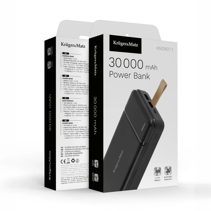 Kruger&Matz Power Bank 30000mAh 22.5W με 2x USB-A και 1x USB-C PD QC 3.0