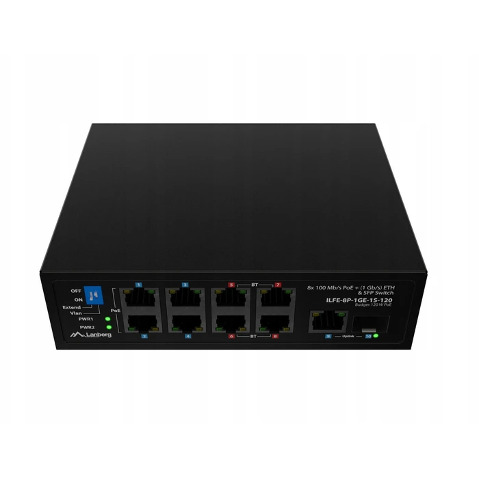 LANBERG Unmanaged PoE Switch 8 θυρών (4x802.3bt, 4x802.3at) με SFP/RJ45, τοποθέτηση DIN - ILFE-8P-1GE-1S-120