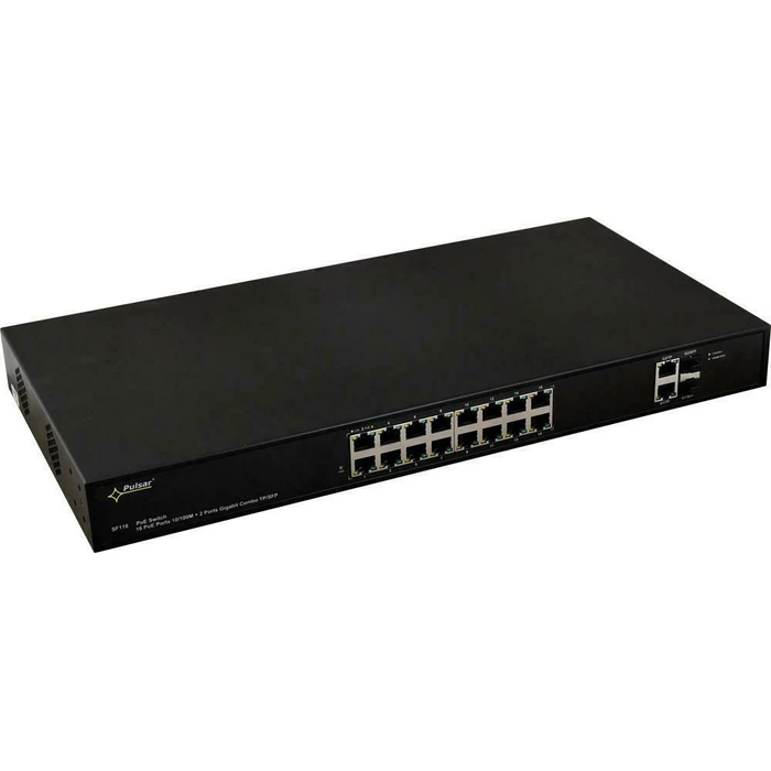 Pulsar CCTV Network Switch SF116 (16-Port Managed PoE Switch, 16x 10/100 PoE + 2x Gigabit + 2x SFP, 1U Rackmount, Black)