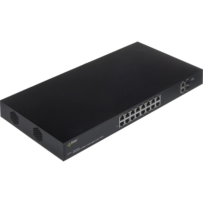 Pulsar CCTV Network Switch SF116 (16-Port Managed PoE Switch, 16x 10/100 PoE + 2x Gigabit + 2x SFP, 1U Rackmount, Black)