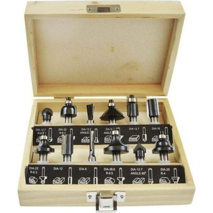 AWTools Carbide Router Bit Set for Wood 8 mm with Bearings, 12 pcs (AW40513)