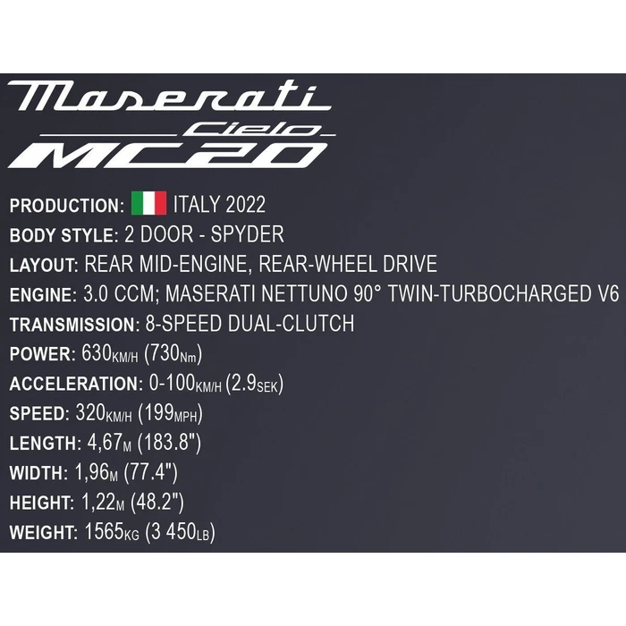 COBI Maserati MC20 Cielo 1:12 Building Set, 2312 pieces, Age 7+