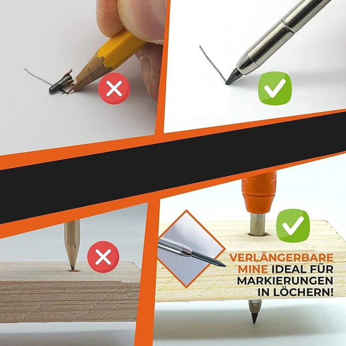 Mechanical Carpentry/Marking Pencil Set - 6 pcs, HB lead, ABS & Stainless Steel, 155x12.5 mm