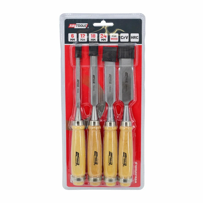 AWTools Σκαρπέλα Φάρδους Σετ 4τμχ (6,12,18,24 mm) με Ξύλινη Λαβή AW32903